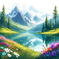 A beautiful colorful landscape featuring a lake surrounded by mountains and trees. The lake is filled with flowers, and the mountains in the background create a picturesque scene.
