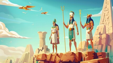 Cartoon illustration of Amun Ra, Horus, Pharaoh and queen Cleopatra ancient Egyptian deities holding divine power staffs in the air above rocks, Egyptian gods cartoon horizontal banners, modern - obrazy, fototapety, plakaty
