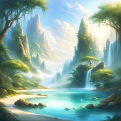 A beautiful lush green forest with a mountain range in the background. There are also waterfalls and a lake within the scene, creating a serene and picturesque landscape.