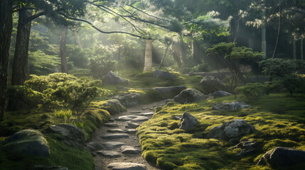 Tranquil Zen garden scene, sunlight filters through the branches, casting dappled shadows on meticulously arranged rocks and moss covered pathways