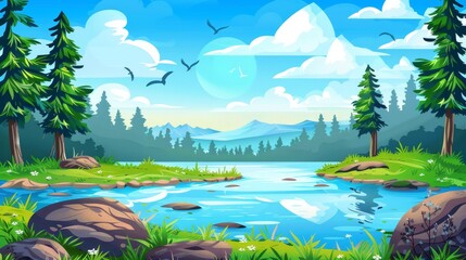 Scenery pond and spruces under blue sky with clouds and flying birds in the summer landscape with lake, grass and conifers. Cartoon modern background with lakes and grass on rocks and conifers.