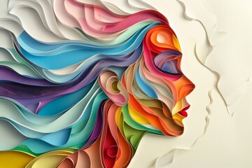 woman head, paper illustration, multi dimensional colorful paper cut craft  - 783814561