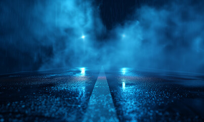 The view of a dark street, shrouded in fog and smoke, neon lights and spotlights add a mysterious atmosphere.
