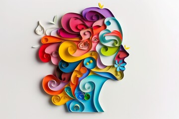 woman head, paper illustration, multi dimensional colorful paper cut craft  - 783814588