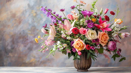 Beautiful bouquet of assorted flowers arranged in a decorative vase