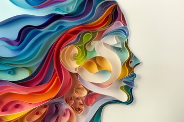 woman head, paper illustration, multi dimensional colorful paper cut craft  - 783814738
