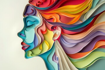 woman head, paper illustration, multi dimensional colorful paper cut craft  - 783814741