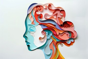 woman head, paper illustration, multi dimensional colorful paper cut craft  - 783814785