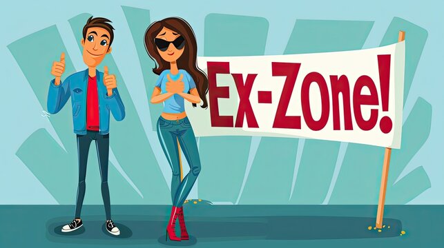 banner background National Ex-Spouse Day theme, and wide copy space, An image of a woman giving a thumbs-down gesture to her ex-husband while holding a banner that reads "No Ex-Zone!", 