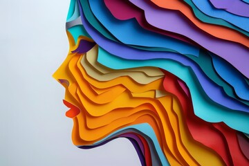 woman head, paper illustration, multi dimensional colorful paper cut craft  - 783814922