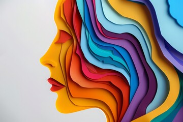 woman head, paper illustration, multi dimensional colorful paper cut craft  - 783814939