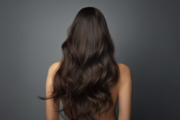 Back view of beautiful woman with long brown wavy hair on a dark gray studio background.