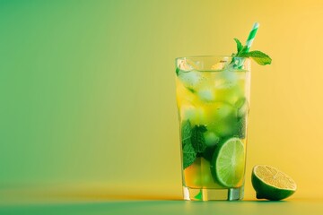 Chilled mint mojito cocktail with lime wedges and straw isolated on a gradient background embodies a refreshing summer vibe