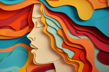 woman head, paper illustration, multi dimensional colorful paper cut craft  - 783815115