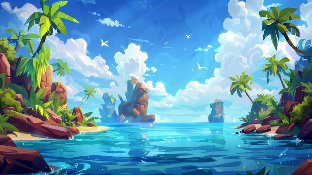 Tropical island in ocean nature landscape, with calm sea and palm trees under a blue sky, beautiful cloudy sky and calm water surface, Cartoon modern illustration.