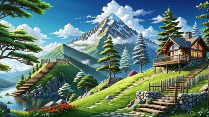 beautiful scenery,cabin, stairs,mountain,Generative AI