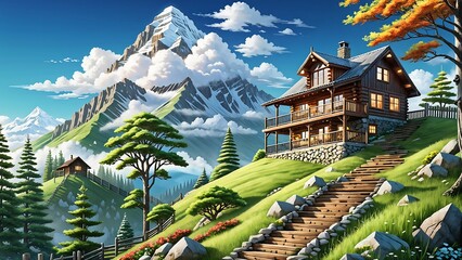 beautiful scenery,cabin, stairs,mountain,Generative AI