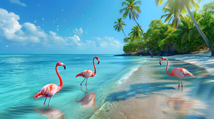 A vibrant beach scene with three flamingos wading in azure waters against a backdrop of lush palm trees and a clear blue sky.