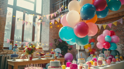 Fototapeta na wymiar Festive Celebration, Colorful balloons and decorations for a joyful birthday party event