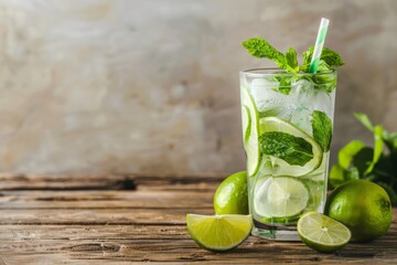 Bright icy mint mojito cocktail on a rustic wooden table with sliced lime sprigs of fresh mint and a straw perfect for a summer patio party backdrop - Powered by Adobe