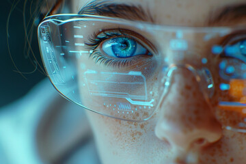 Augmented reality, future technology, internet concept. Close up view of blue eye in glasses with futuristic holographic interface to display data. Portrait of beautiful young man, half of face.