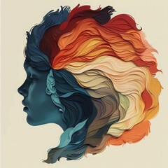 woman head, paper illustration, multi dimensional colorful paper cut craft 