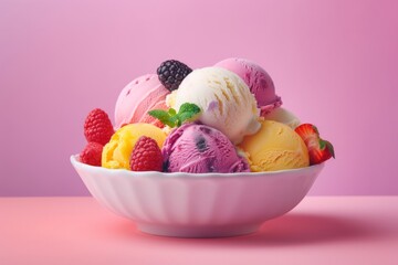 Summery display of traditional Italian gelato in vibrant fruit flavors served in a quaint ceramic...