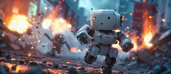 Dramatic Futuristic Mech Battle in War Torn Cityscape with Explosions Lighting Up the Night Sky - obrazy, fototapety, plakaty