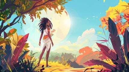 Animated landing page with beautiful girl on a nature landscape. Forest fairy, wood nymph, or dryad with dreadlocks wears long ancient dress, inviting people to enjoy the natural world. - obrazy, fototapety, plakaty