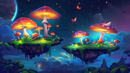 Fototapeta na wymiar Flying islands with magic mushrooms at night. Modern illustration of a fantasy landscape of flying in air platforms with shiny fly agaric.
