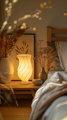 Close-up of a sculptural table lamp in a bedroom, scandinavian style interior