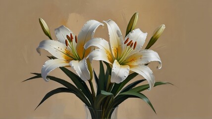 Oil painting with white lily flowers on a beige background, palette knife strokes.