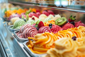 Vibrant scoops of traditional Italian gelato in assorted fruit flavors showcased in a glass display...