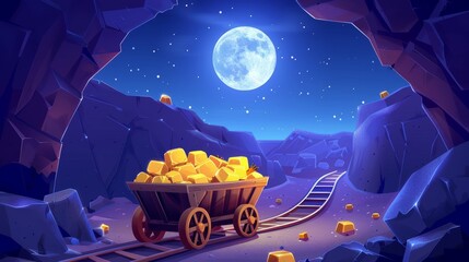 This cartoon modern illustration depicts the entrance to a gold mine at night, showing a cart full of gold ingots on rails in a natural landscape with the moon. A quarry cave outside view with golden - obrazy, fototapety, plakaty