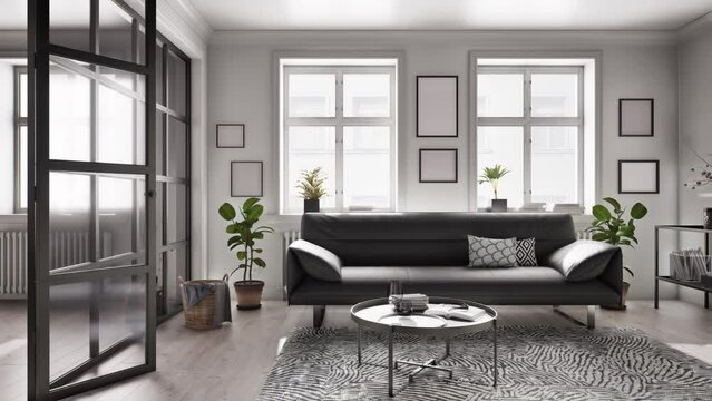 Bright living room interior with dark leather sofa, many plants, large windows, small round table, no curtains. 3D render.