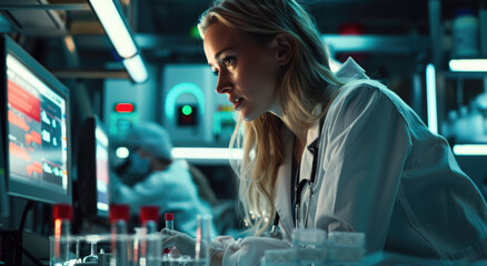 A beautiful female scientist works in a lab with a team of scientists, holding a test tube and pouring liquid into a cell culture tank for advanced research and development.