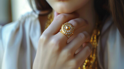 Close-up of a girl wearing an expensive gold ring. Elegant pendant and stylish jewelry made from priceless metals.