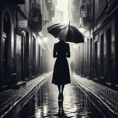 Black and white image of a woman with an umbrella on a city street in rainy weather