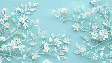 Beautiful papercut branches of osmanthus flowers on a light turquoise background - obrazy, fototapety, plakaty