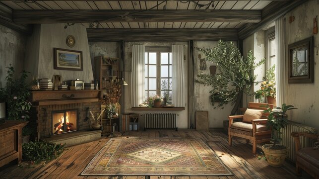 Craft a visual narrative of a cozy room with a rustic wooden floor