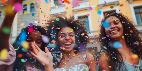 Women happy female friends celebrating with confetti fun happy party celebration concept

