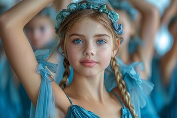 Graceful young girl with braided hair in a blue dance costume posing with other dancers blurred in...