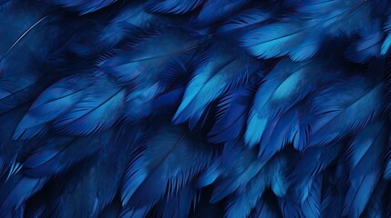 Detailed view of dark blue feathers against a black background, showcasing intricate textures and patterns. Generative AI