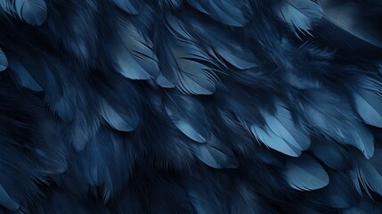 Detailed view of the intricate structure of dark blue feathers on a bird. Generative AI