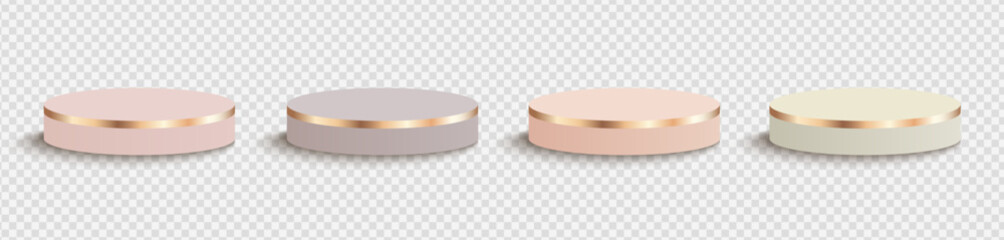 Set of luxury round matte podiums in nude tones with gold elements isolated on a transparent background.