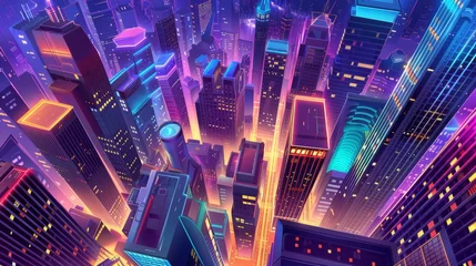 Fototapeten Night skyscrapers illuminated with neon lights. Modern megalopolis architecture, apartment buildings, colorful cityscape with neon lights. Modern cartoon illustration. © Mark