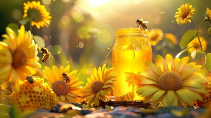 3D illustration of sunflower honey product jar with honeybees and honeycomb engravings - obrazy, fototapety, plakaty
