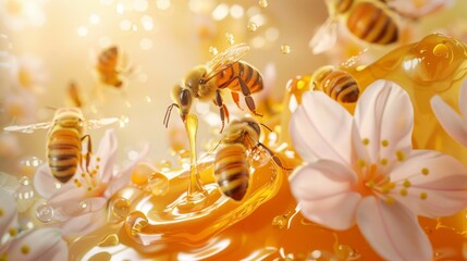 Illustration of honeybees and liquid dripping in three dimensions with engraved flowers in the background for the honey product package design - obrazy, fototapety, plakaty