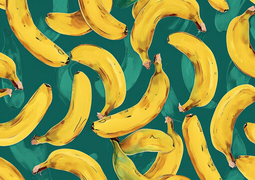 Watercolor painting of vibrant yellow bananas on a bold teal background, tropical fruit illustration for design and decor