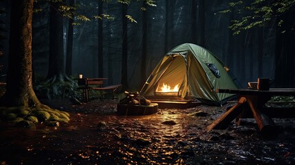 A tent glowing in the dark woods, light peeking out from within, providing shelter for hikers on an adventure. Generative AI
